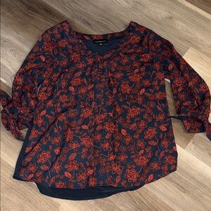 Floral V-Neck Blouse in Navy with Red Print